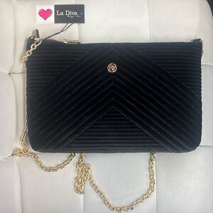 NWT La Diva Black Velvet Chevron Crossbody Gold Chain
